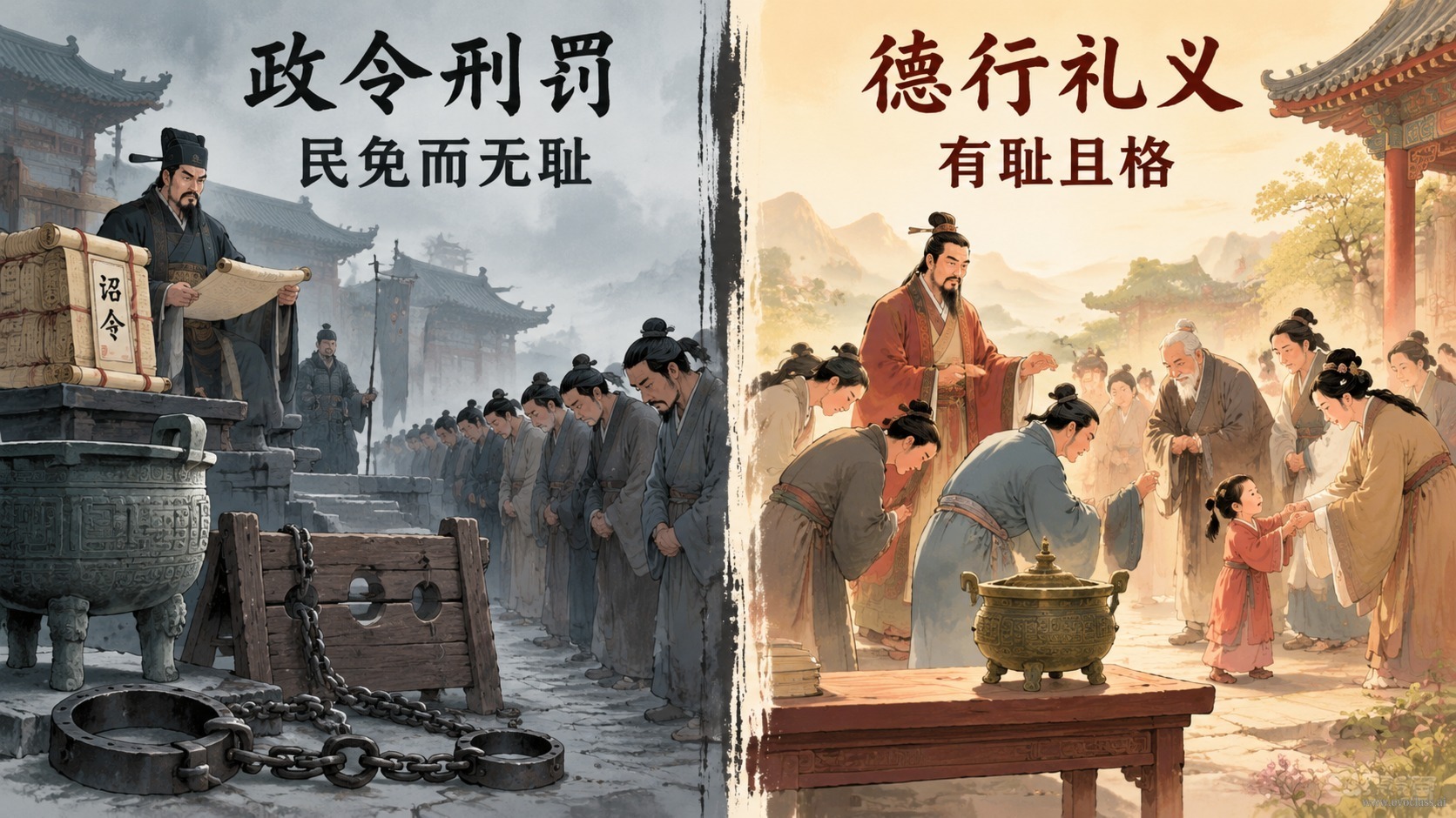 对比示意图:左侧政令刑罚,右侧德行礼义
